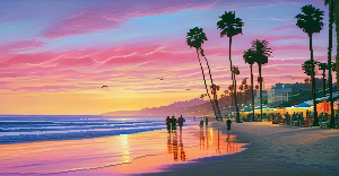 A sunset view at Santa Monica beach with colorful skies and silhouettes of beachgoers and palm trees.
