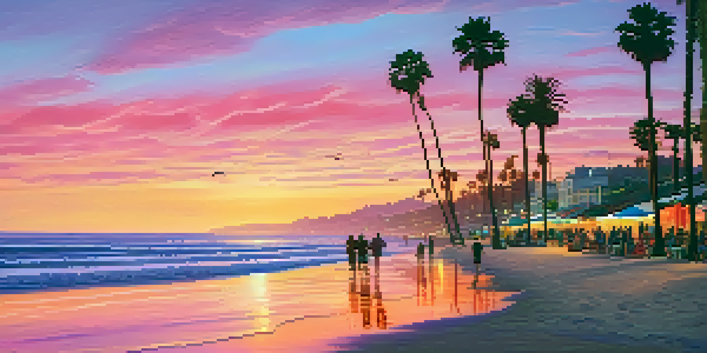 A sunset view at Santa Monica beach with colorful skies and silhouettes of beachgoers and palm trees.