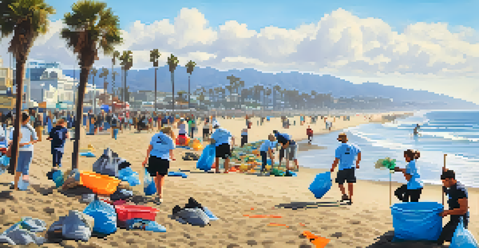 Volunteers cleaning the beach in Santa Monica, with the pier in the background and a clear blue sky.