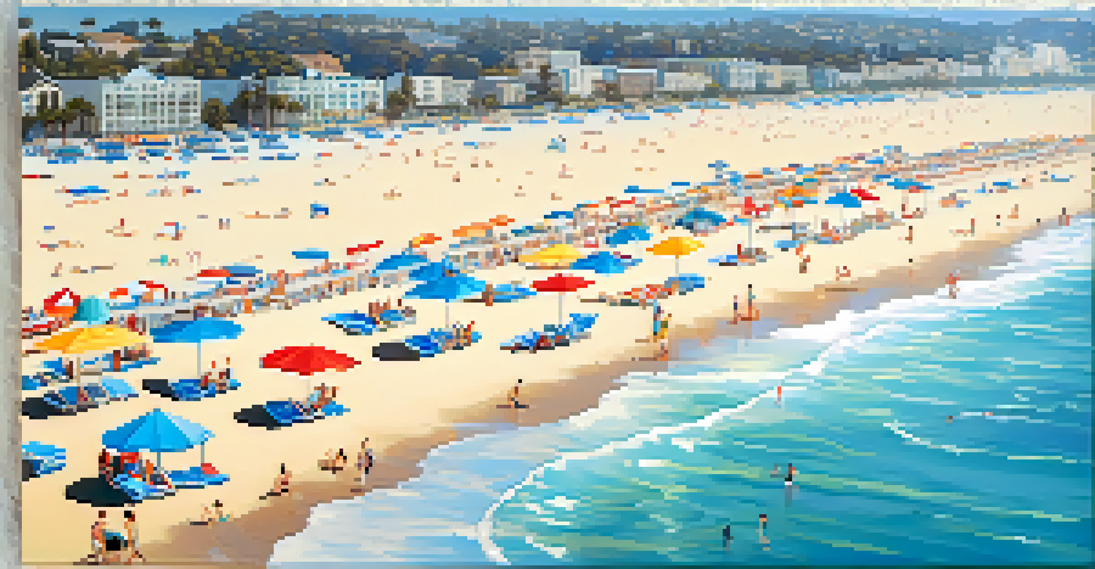 Aerial view of Santa Monica beach, featuring the coastline, blue ocean, and people on the sandy beach.