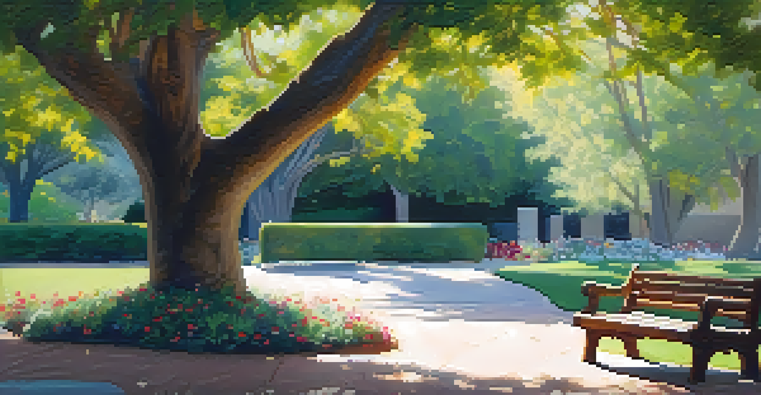 A quiet mindfulness area in a Santa Monica park with a wooden bench under a tree, surrounded by flowers and soft sunlight.