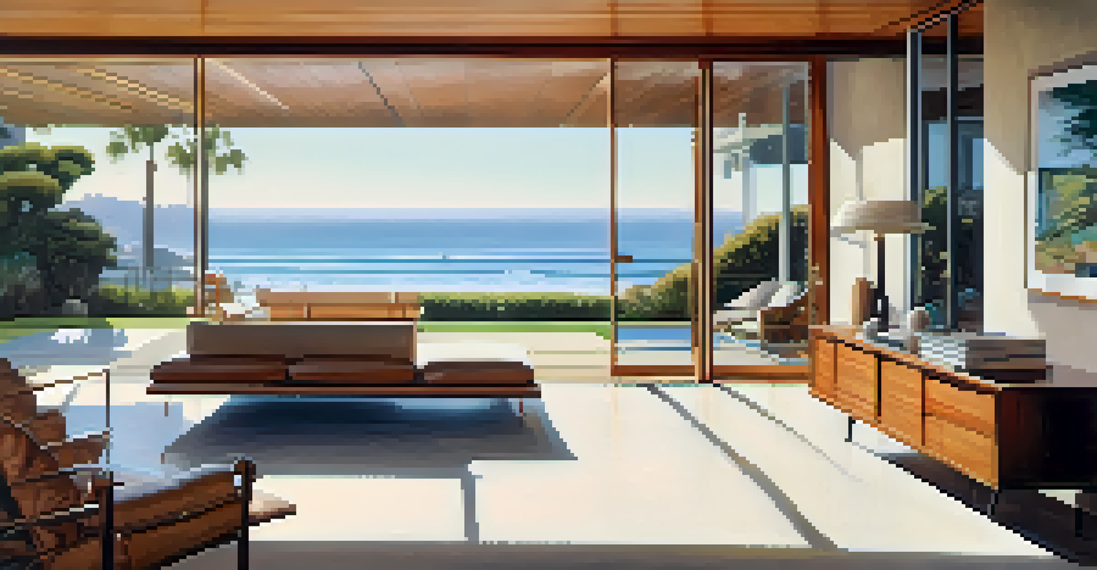 A Mid-Century Modern home in Santa Monica with large windows and an open design, surrounded by nature under warm sunlight.