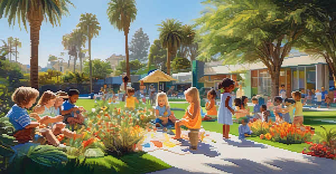 Children of diverse backgrounds playing in a garden, engaging with nature and each other, under a bright blue sky.