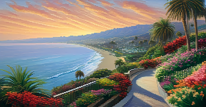 A picturesque scene of Palisades Park, with colorful flowers and palm trees against the ocean backdrop during sunset.