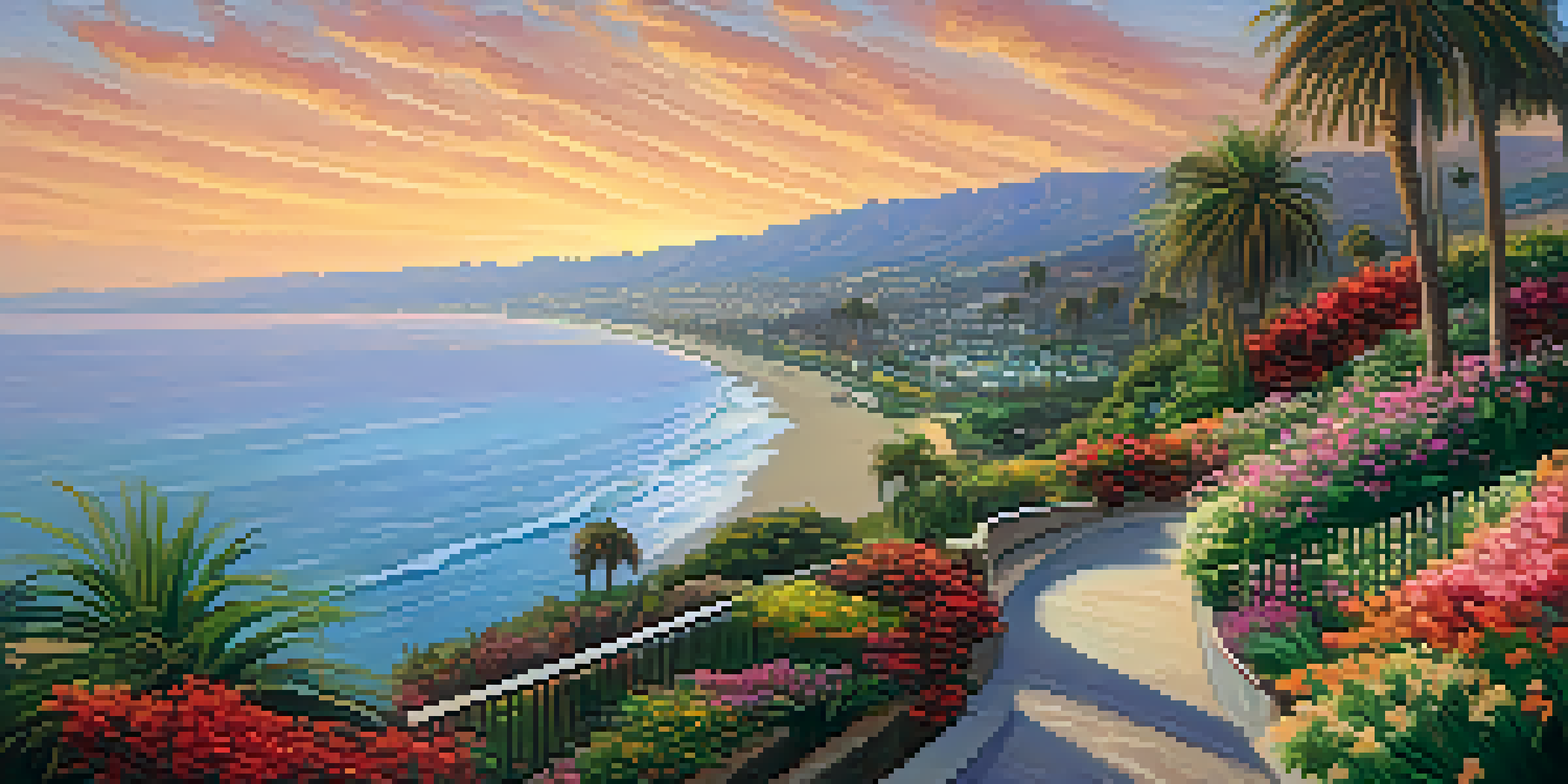 A picturesque scene of Palisades Park, with colorful flowers and palm trees against the ocean backdrop during sunset.