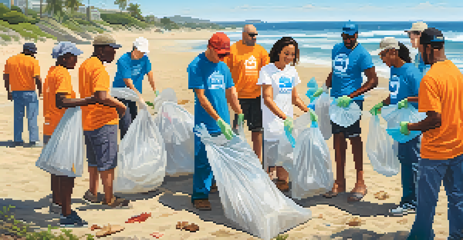 Faith leaders and community members participating in a beach clean-up, wearing matching t-shirts and collecting trash by the ocean.