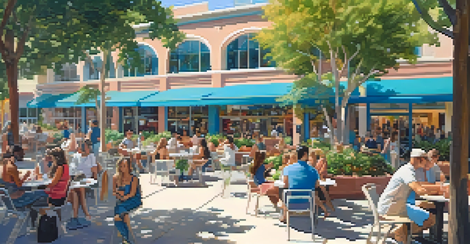 A lively mixed-use development in Santa Monica with people socializing at outdoor cafes, shopping, and enjoying the greenery under a blue sky.