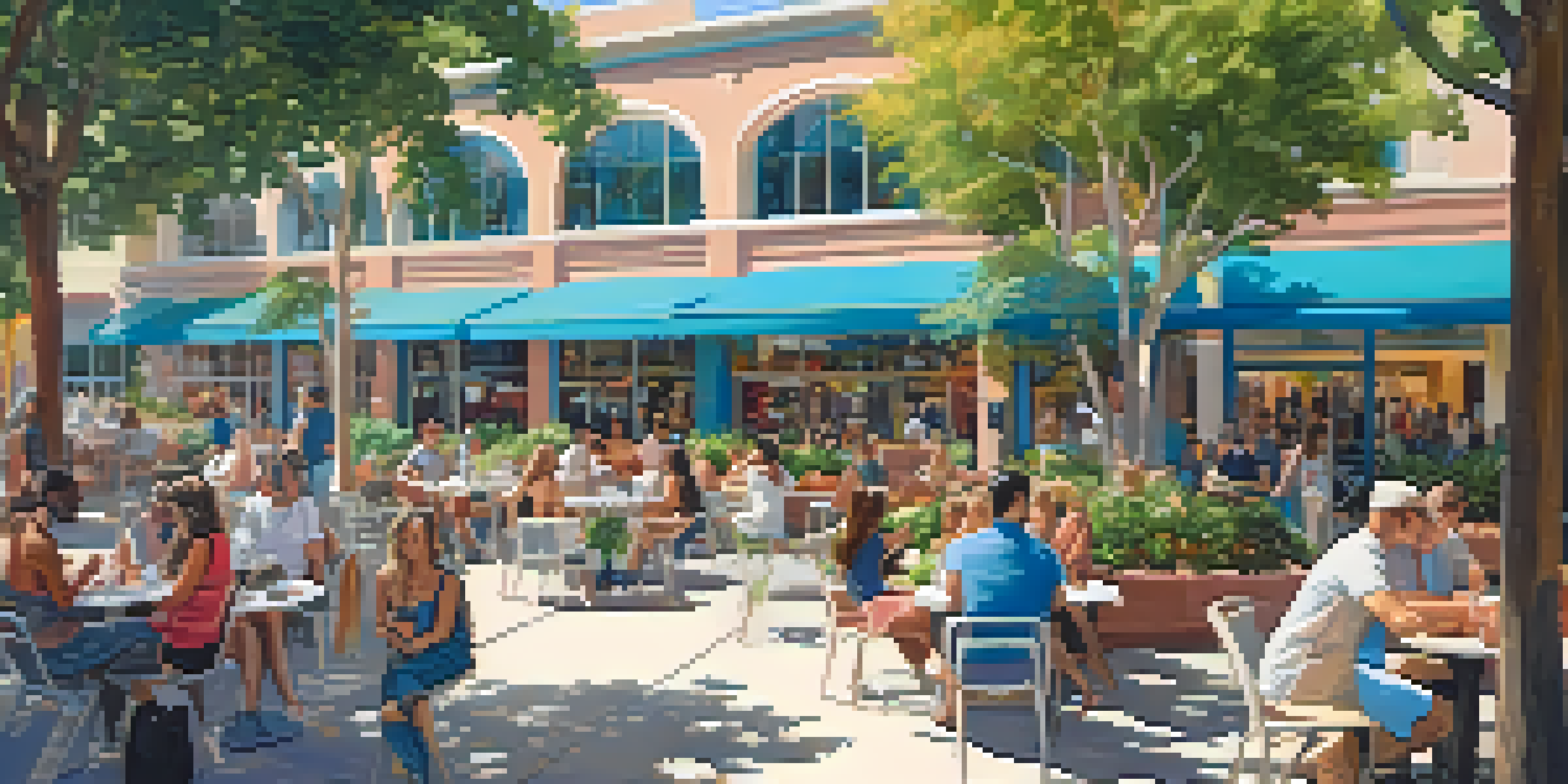 A lively mixed-use development in Santa Monica with people socializing at outdoor cafes, shopping, and enjoying the greenery under a blue sky.