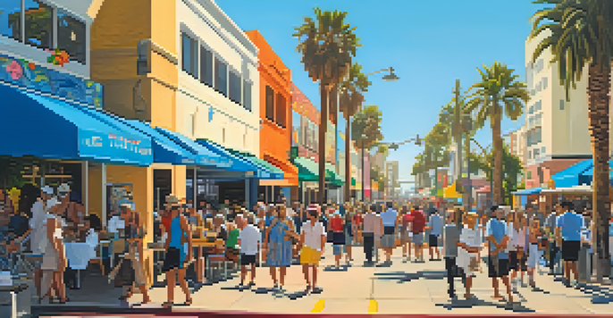 A lively street in Santa Monica during an art walk, showcasing colorful murals and sculptures with people enjoying the sunny day.