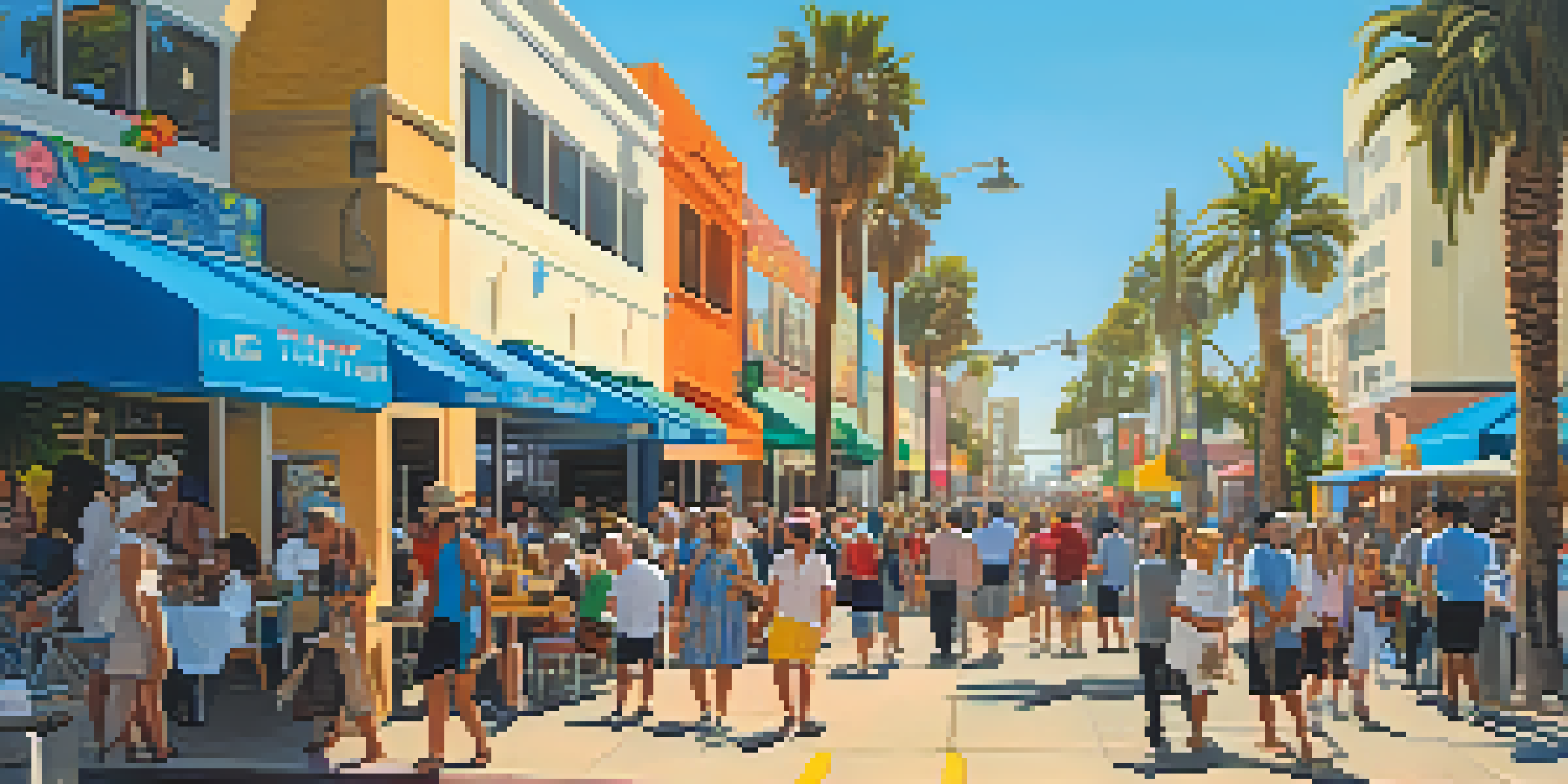 A lively street in Santa Monica during an art walk, showcasing colorful murals and sculptures with people enjoying the sunny day.