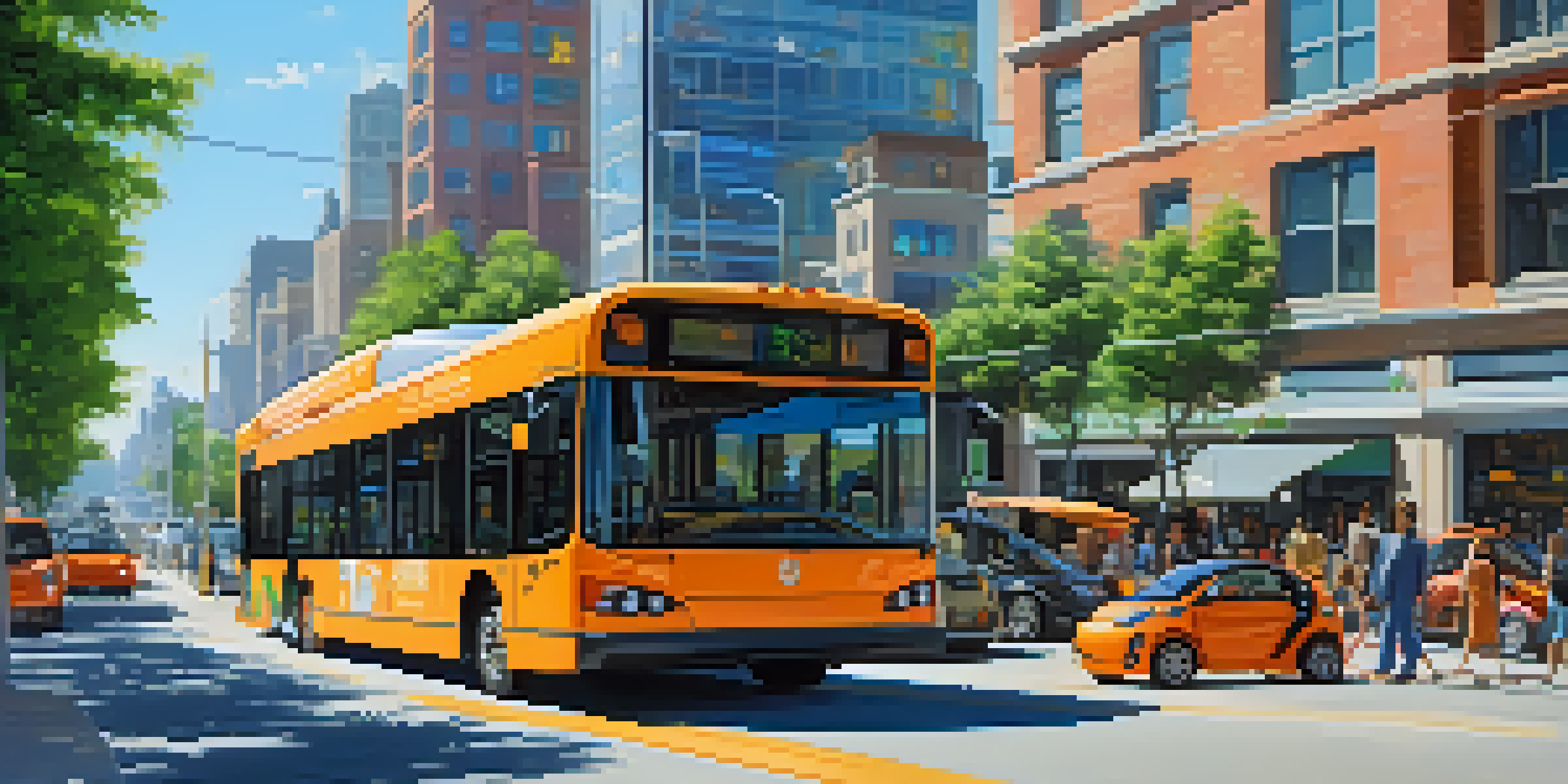 A vibrant urban street with electric vehicles, including a modern electric bus and parked electric cars, surrounded by trees and buildings with solar panels under a clear sky.