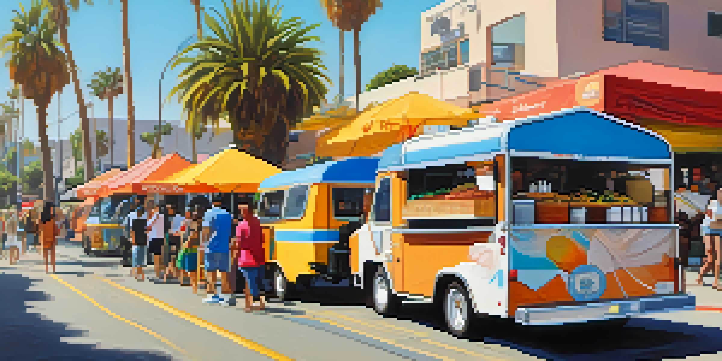 A lively street scene in Santa Monica featuring colorful food trucks and diverse people enjoying meals together.