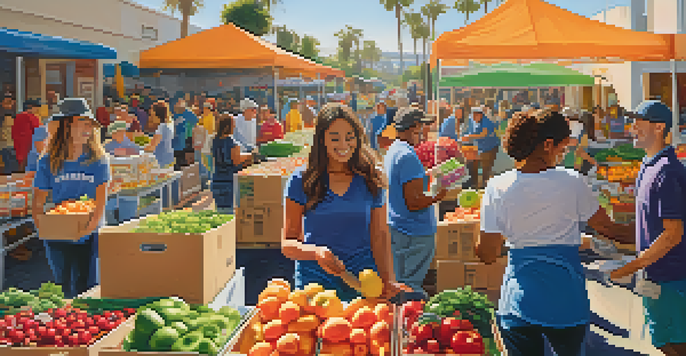 A diverse group of volunteers working together at a food bank in Santa Monica, surrounded by colorful boxes of food under bright sunlight.