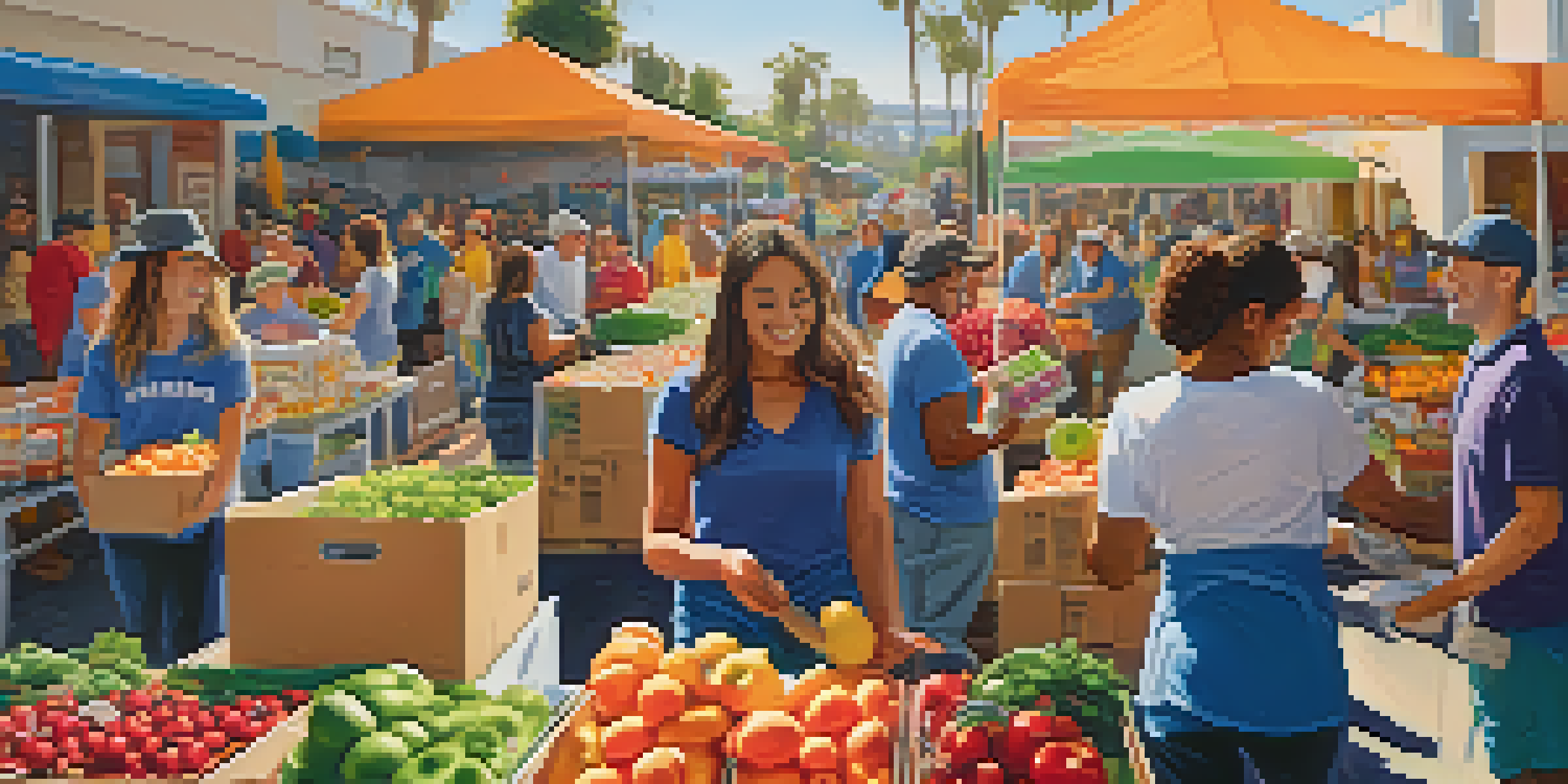 A diverse group of volunteers working together at a food bank in Santa Monica, surrounded by colorful boxes of food under bright sunlight.