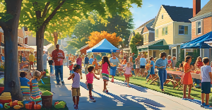 A lively block party with families and friends enjoying food and games under colorful decorations.