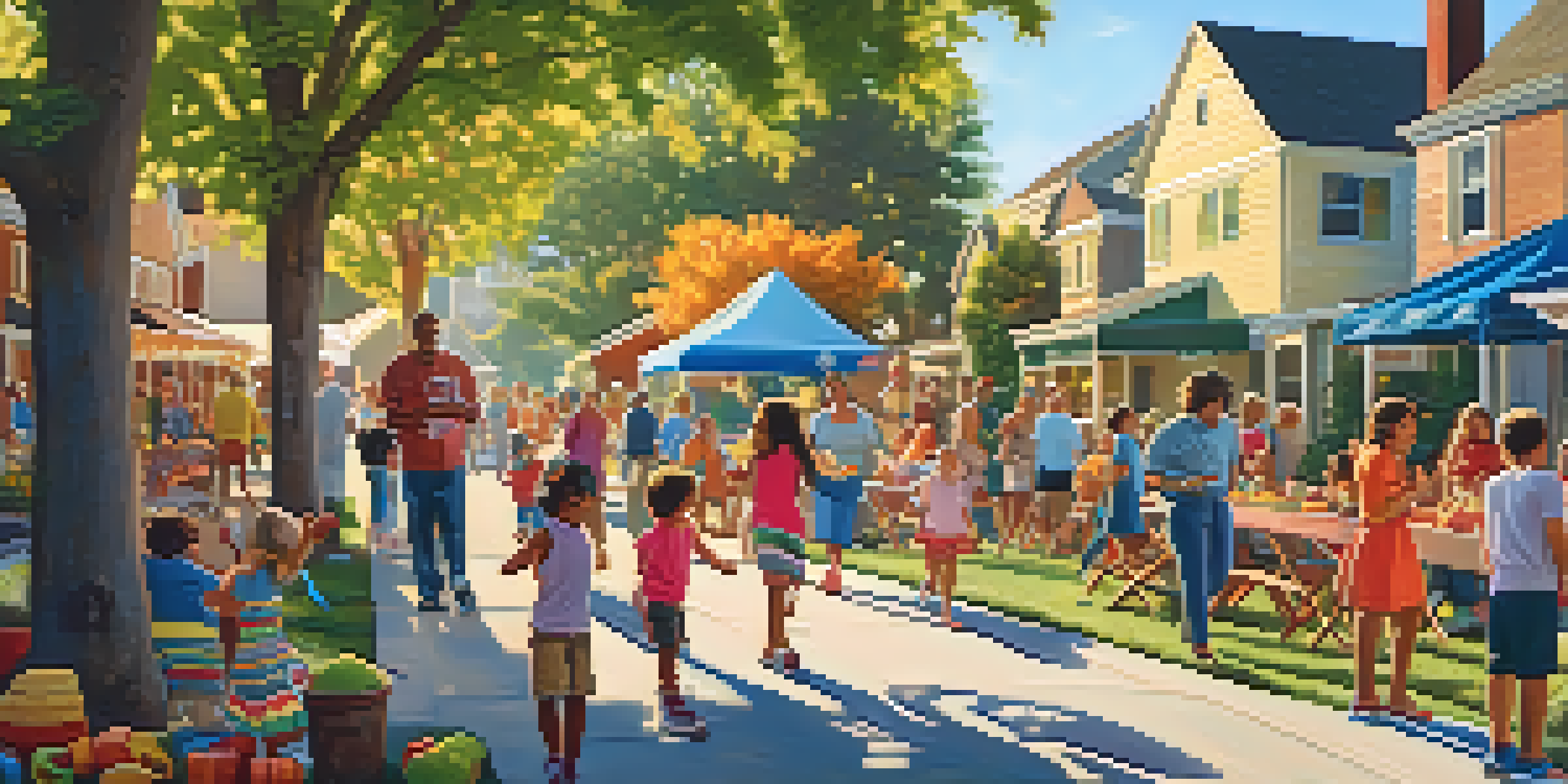 A lively block party with families and friends enjoying food and games under colorful decorations.