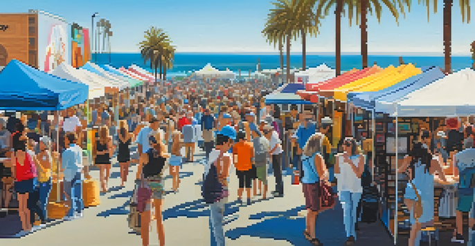 A lively outdoor art festival in Santa Monica with artists and visitors interacting, colorful art booths, palm trees, and the ocean in the background.