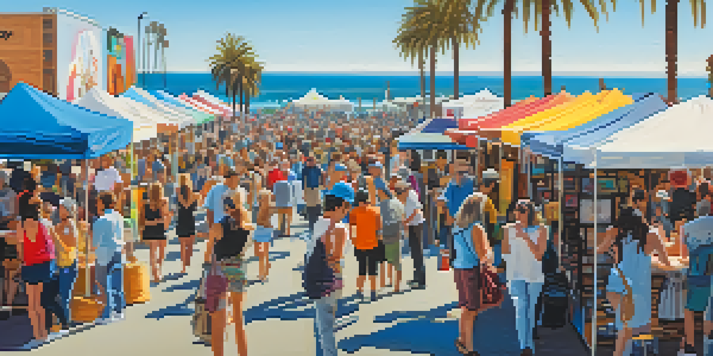 A lively outdoor art festival in Santa Monica with artists and visitors interacting, colorful art booths, palm trees, and the ocean in the background.