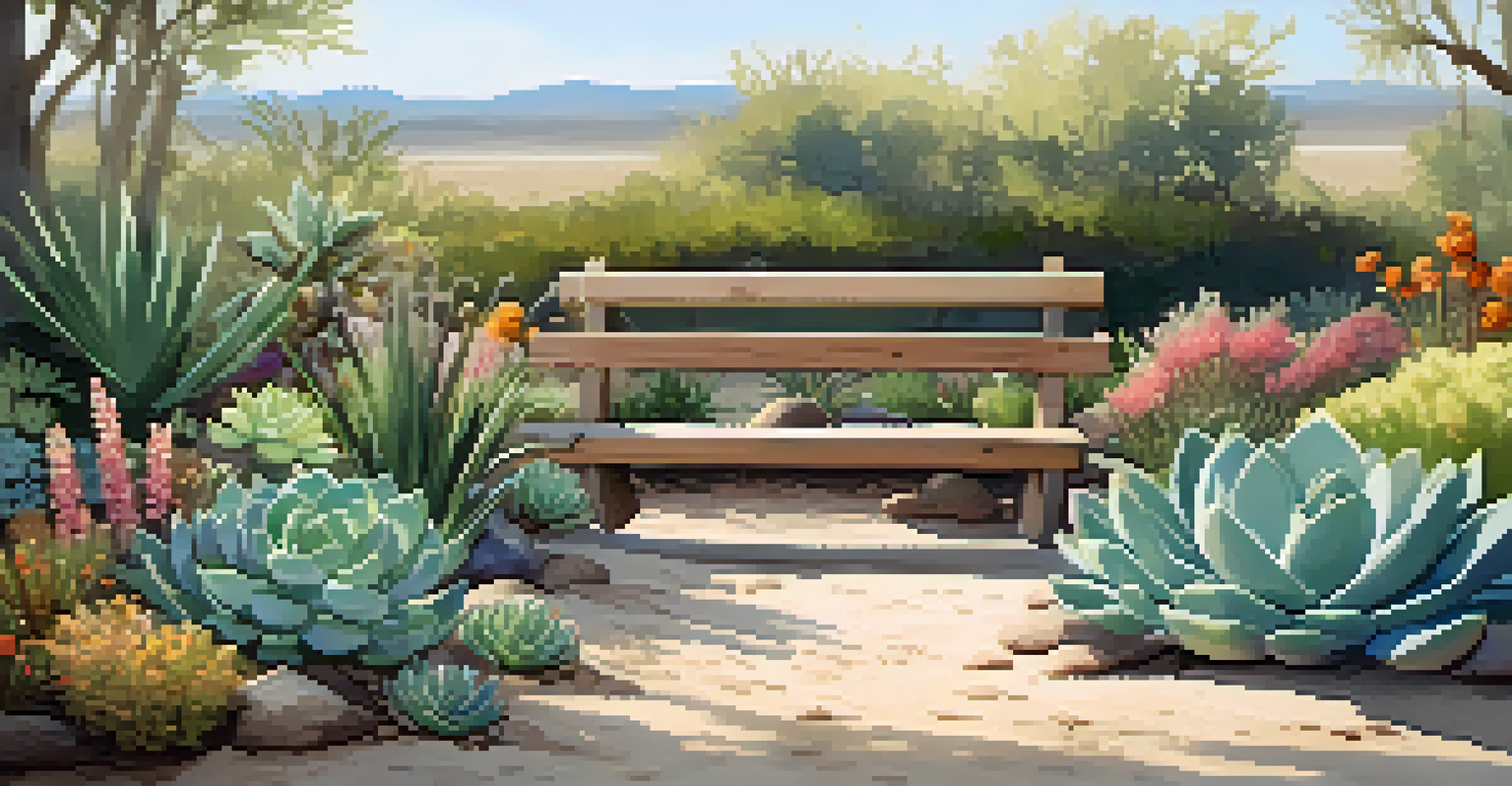 A peaceful garden design with succulents and flowering perennials in a sunny area, featuring a rustic wooden bench for seating.