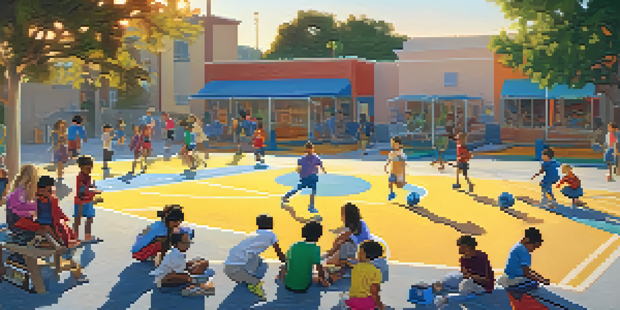 A diverse group of children participating in after-school activities in Santa Monica, including painting, soccer, and science projects, under a warm sunset.