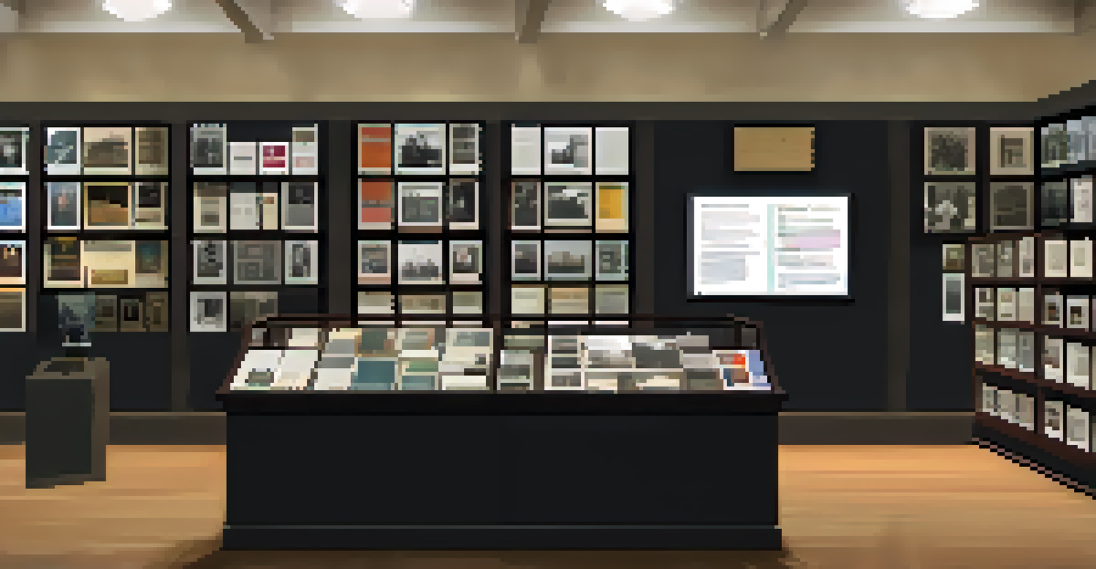 A modern digital archive featuring a computer screen displaying a virtual museum, surrounded by shelves of historical books and artifacts in a well-lit room.