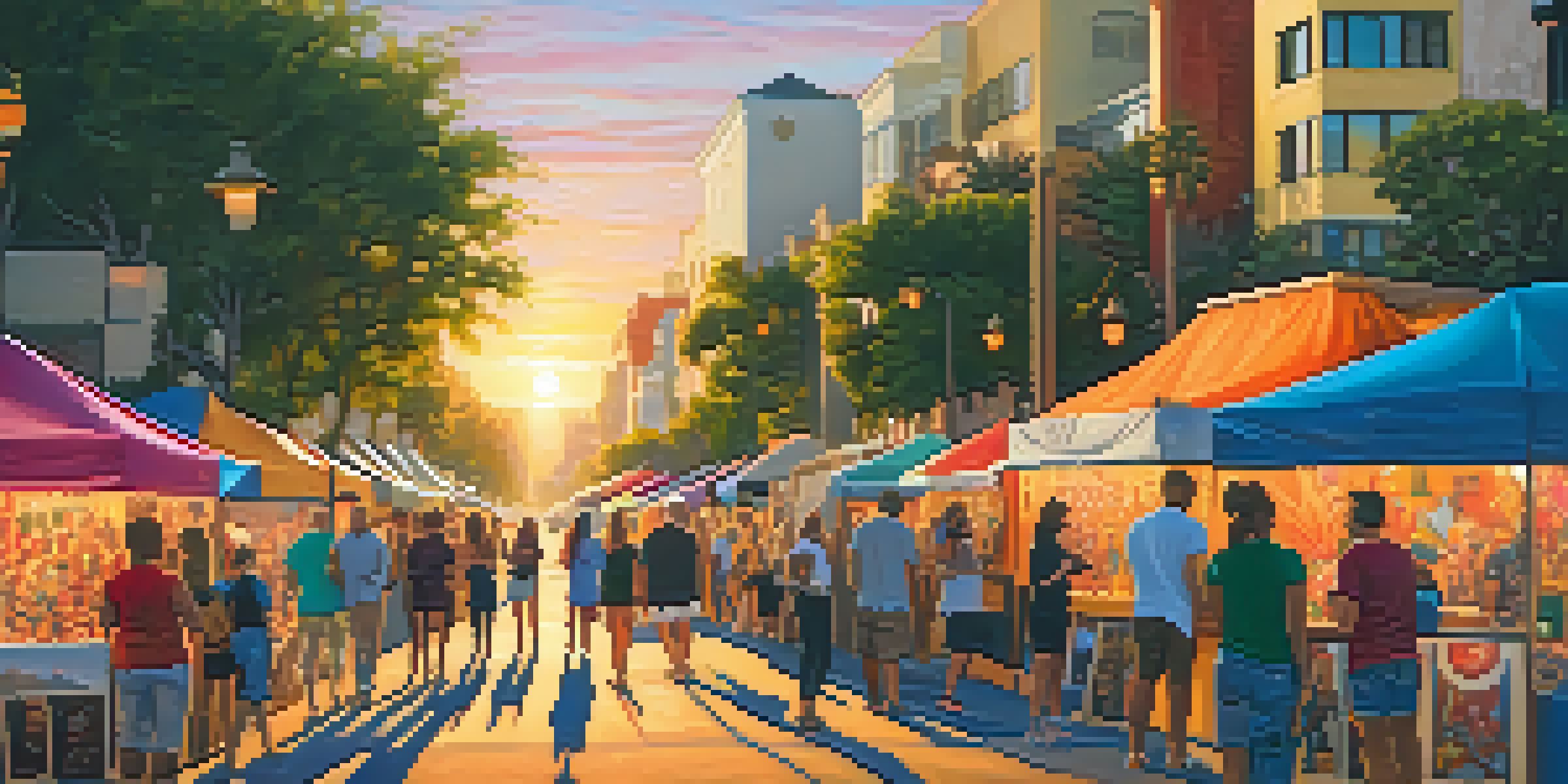 A lively street scene at the Santa Monica Art Walk, filled with people admiring colorful murals and art installations under a warm sunset.