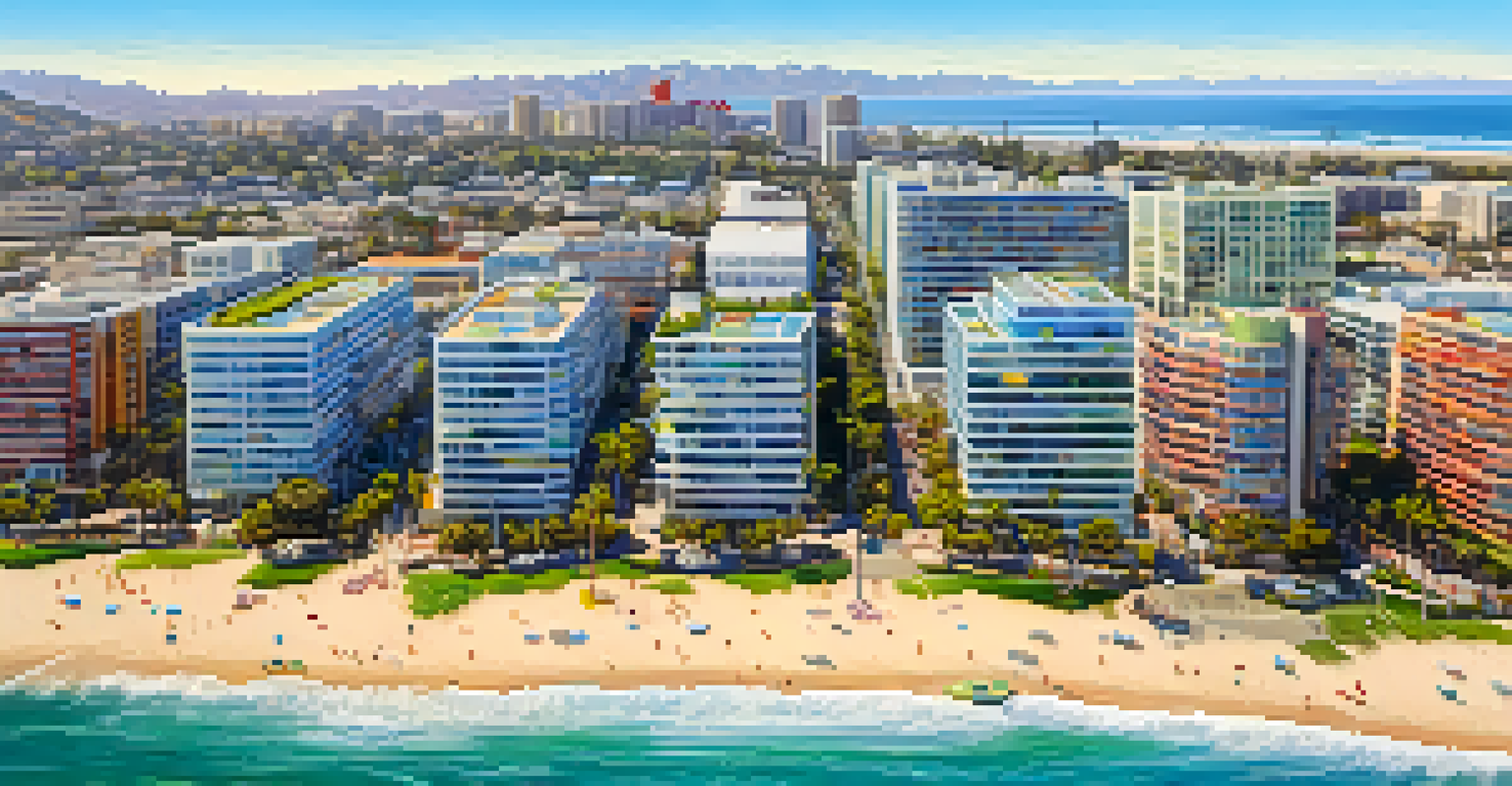 An aerial view of Santa Monica's Silicon Beach with modern startups and the ocean, showcasing vibrant colors and architecture.