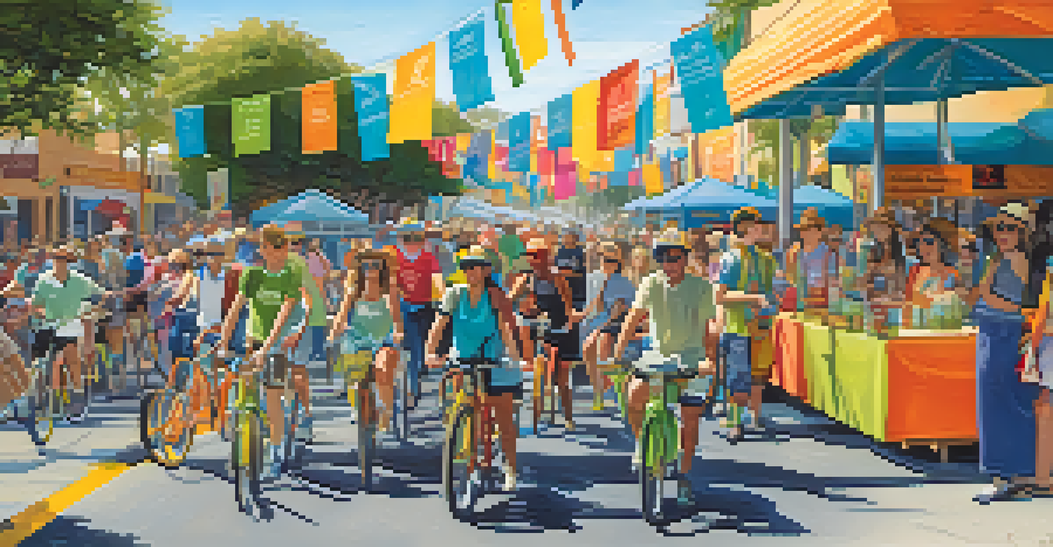 A community bike ride event in Santa Monica with participants enjoying sustainable transportation, surrounded by banners and informational booths.