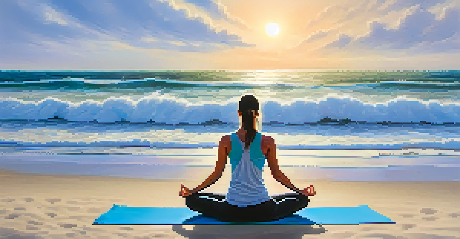 A person practicing yoga on a beach, demonstrating a challenging yoga pose with ocean waves in the background.