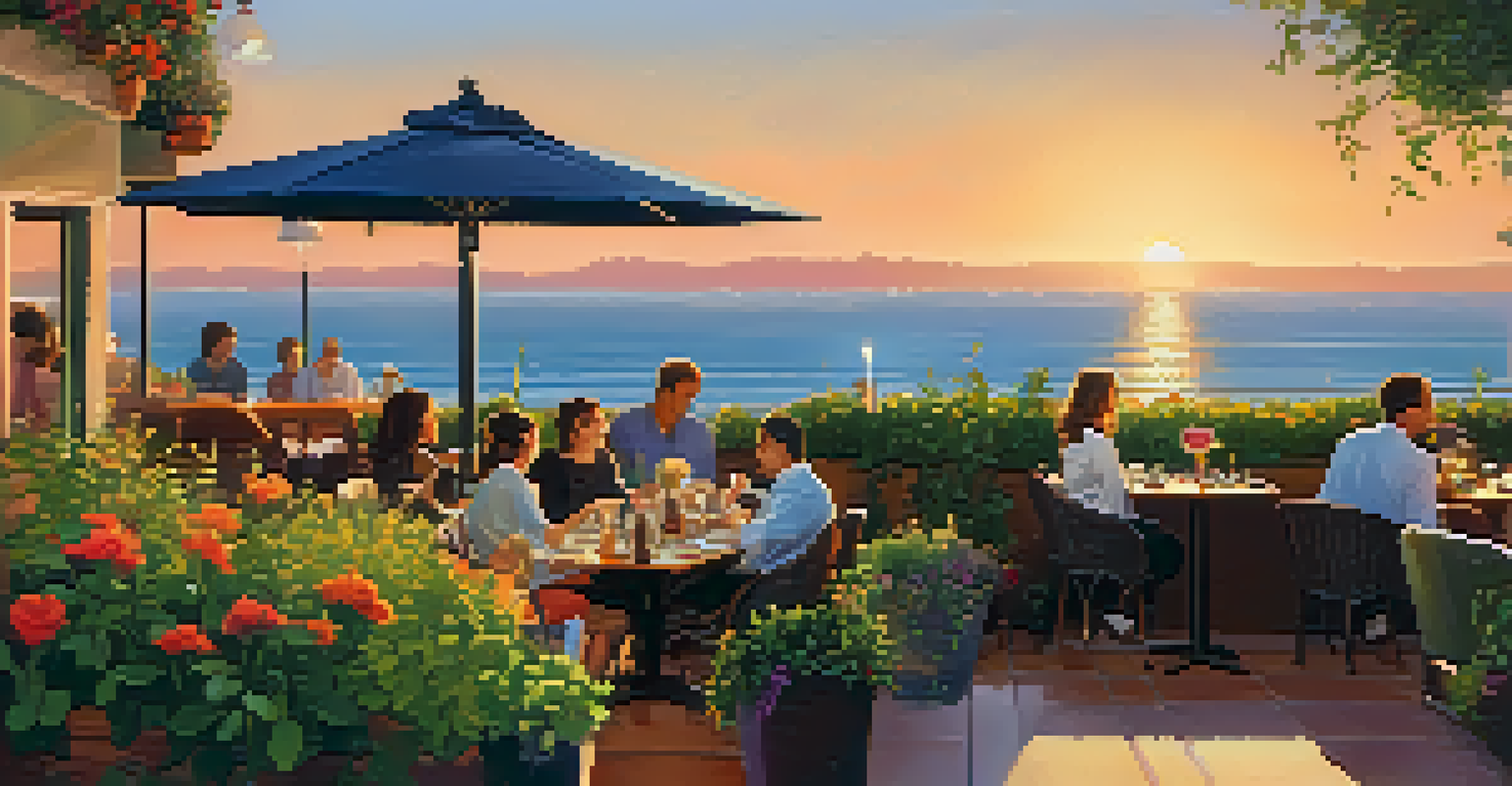 An outdoor restaurant terrace in Santa Monica at sunset, with diners enjoying their meals overlooking the ocean.