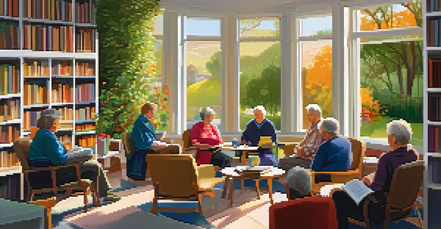 Seniors discussing books in a cozy reading nook at the Pico Branch Library, surrounded by bookshelves and warm lighting.
