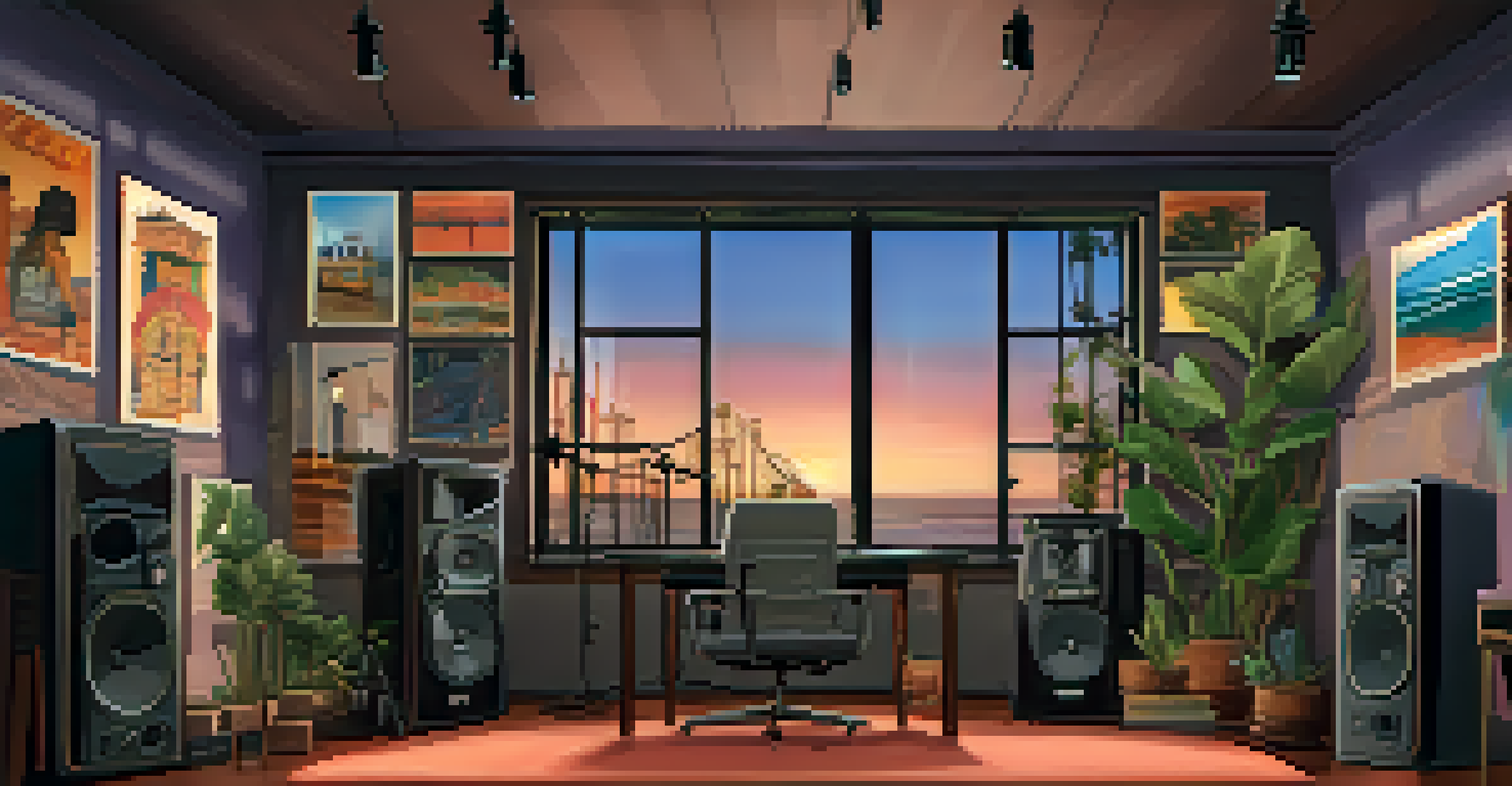 A cozy podcast studio with a microphone and artistic murals, showing a glimpse of the Santa Monica pier through a window.
