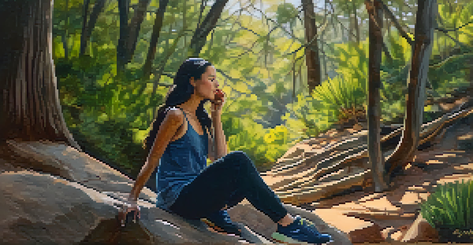 A woman practicing mindfulness while sitting on a rock in a forest, surrounded by sunlight and trees in the Santa Monica Mountains.