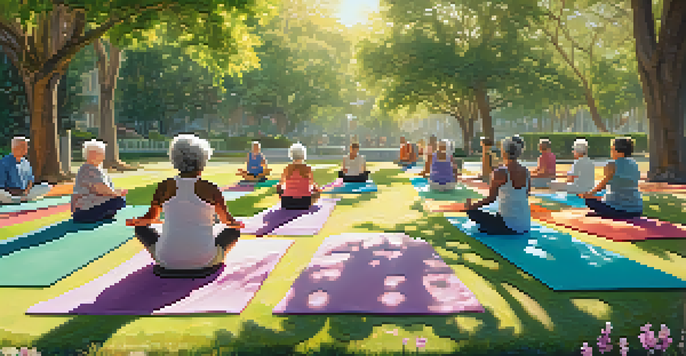 Seniors practicing yoga in a sunlit park with colorful mats and greenery around them.