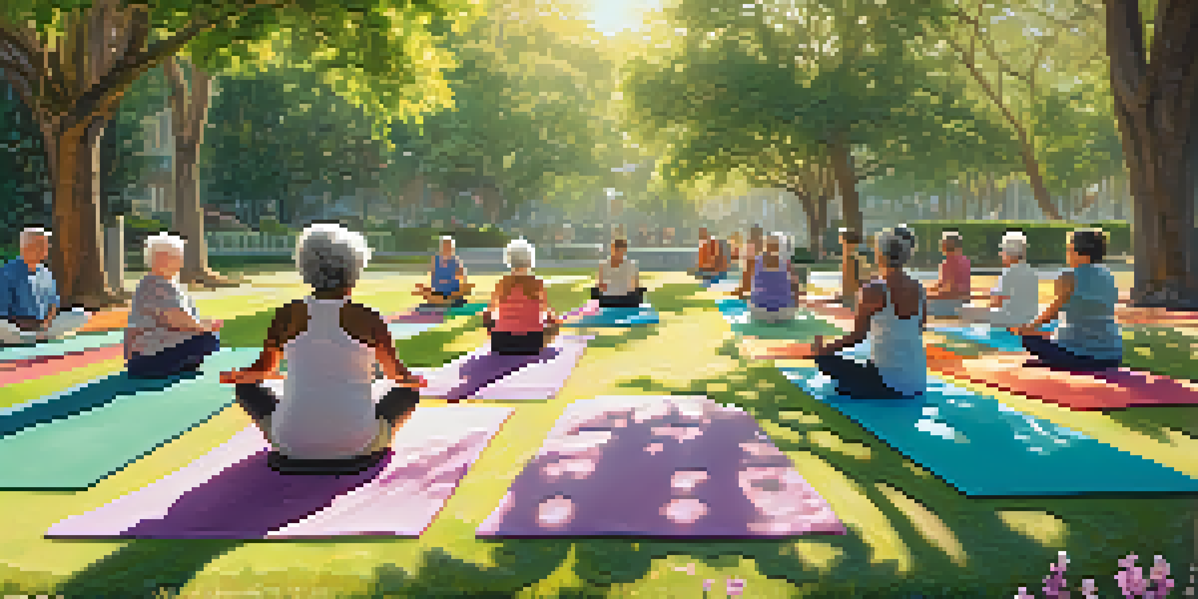 Seniors practicing yoga in a sunlit park with colorful mats and greenery around them.