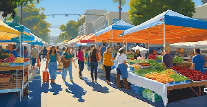 A busy Santa Monica Farmers Market with colorful stalls and diverse people shopping under a clear blue sky.