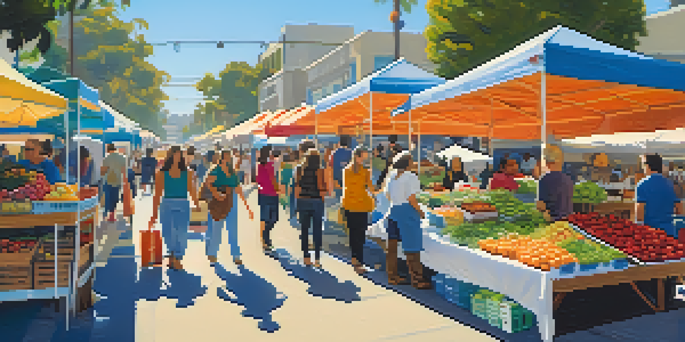 A busy Santa Monica Farmers Market with colorful stalls and diverse people shopping under a clear blue sky.