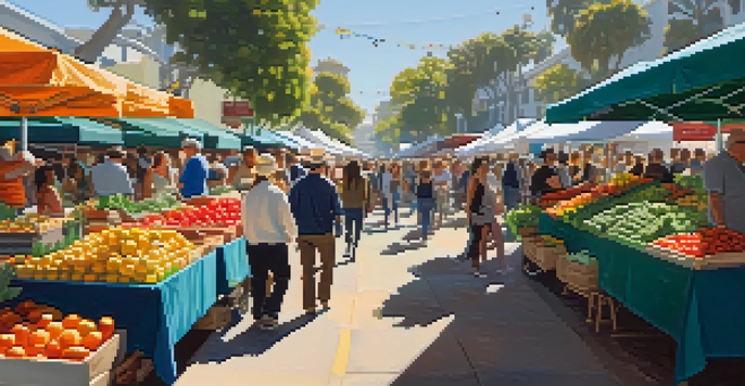 A lively farmers' market in Santa Monica with colorful stalls full of fresh produce, people chatting and enjoying the sunny atmosphere.