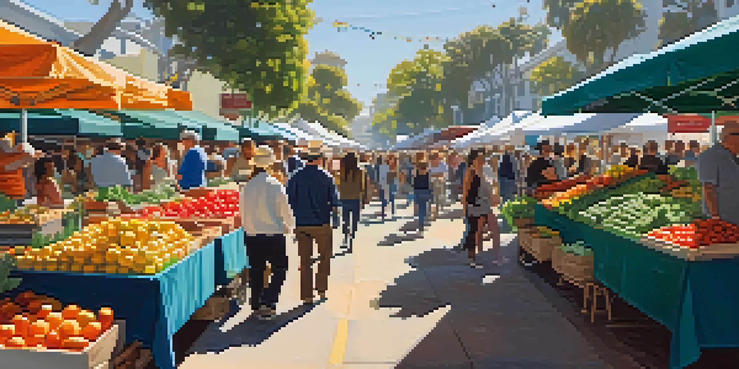 A lively farmers' market in Santa Monica with colorful stalls full of fresh produce, people chatting and enjoying the sunny atmosphere.