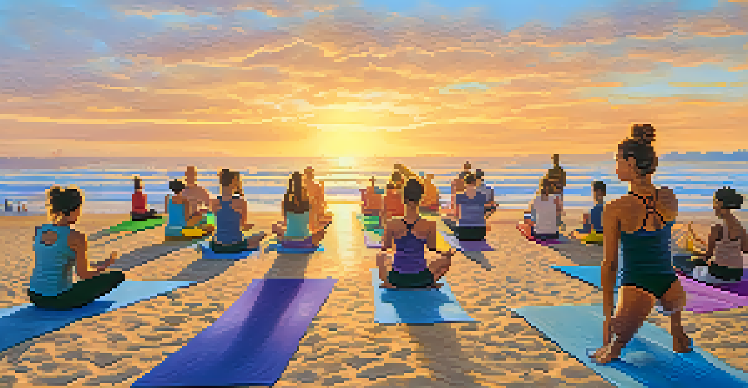 An outdoor yoga class on the beach in Santa Monica at sunset, with participants practicing on colorful mats and the ocean in the background.