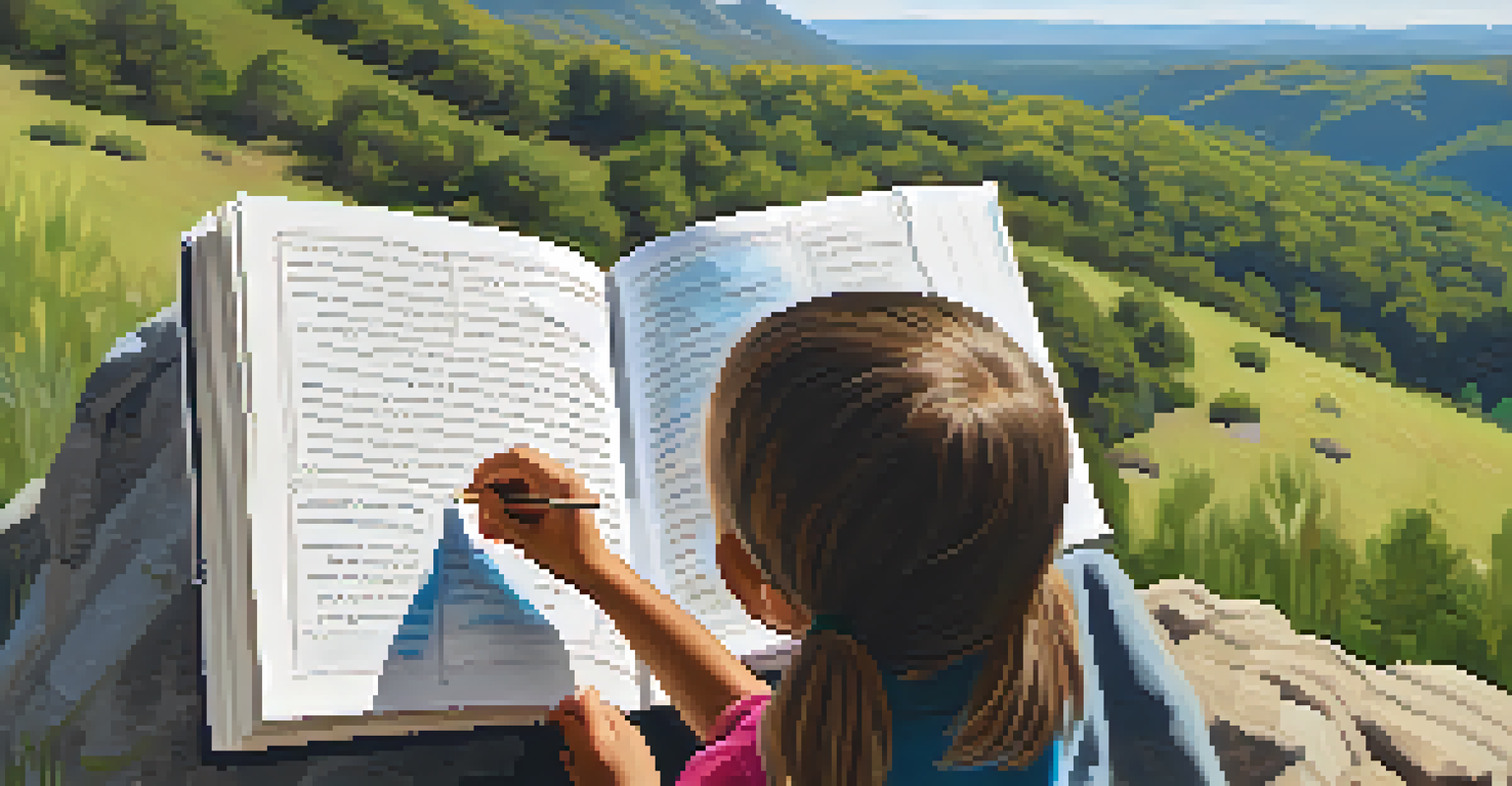 A child sketching in a nature journal while hiking, with a blurred scenic view of hills and a clear blue sky in the background.
