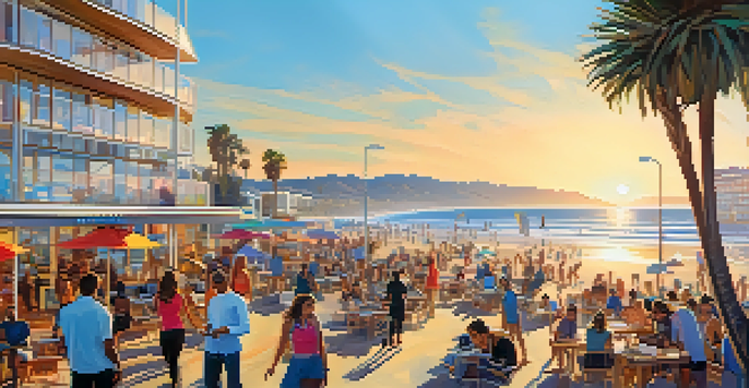 A colorful beachfront scene in Santa Monica featuring modern startups and beachgoers, with clear skies and warm sunlight.