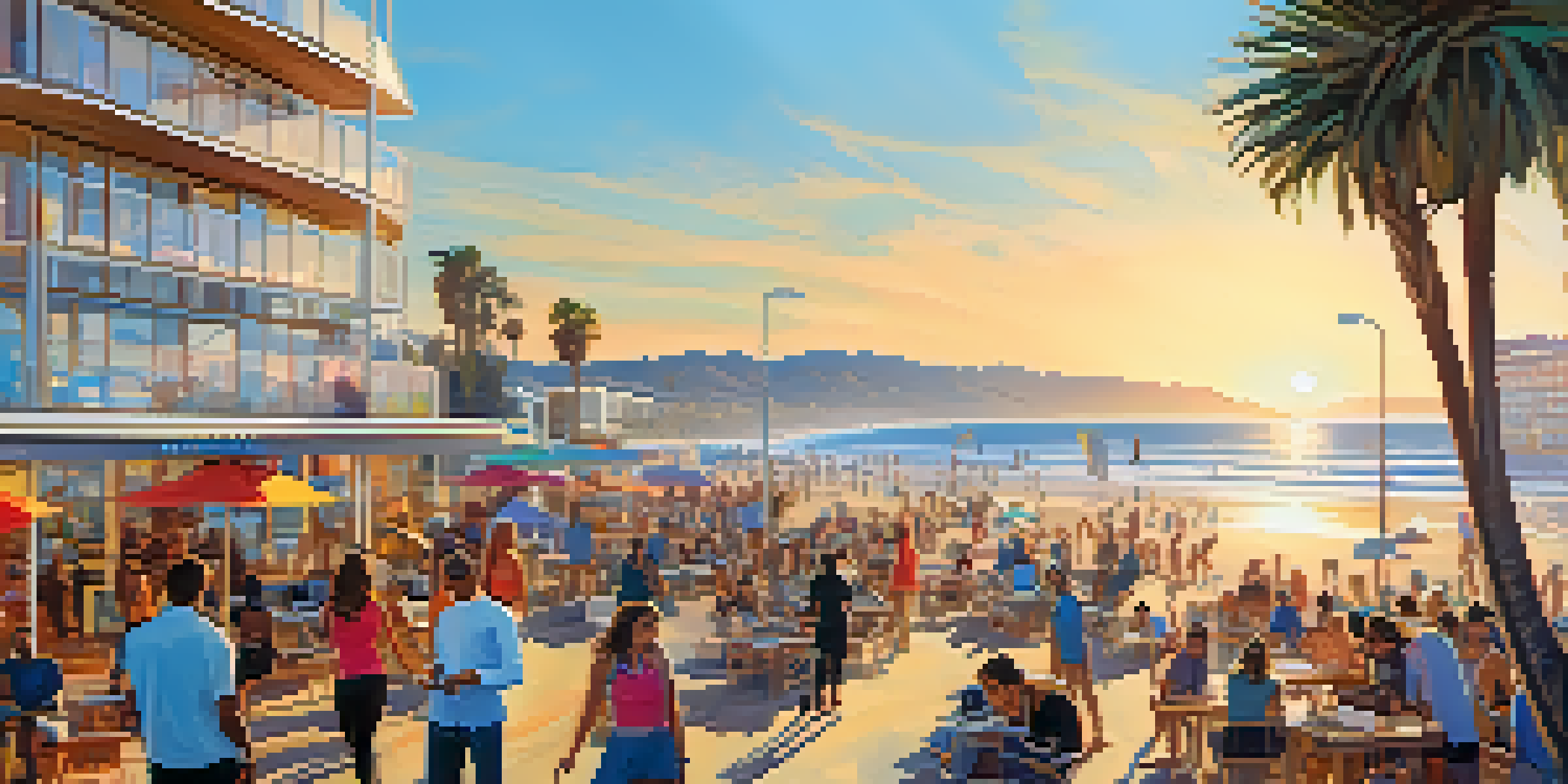 A colorful beachfront scene in Santa Monica featuring modern startups and beachgoers, with clear skies and warm sunlight.