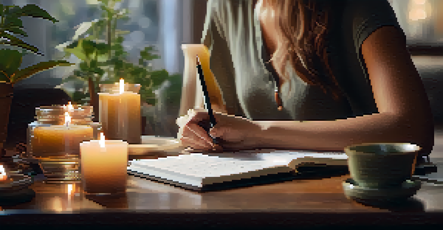 A close-up of a participant taking notes during a mindfulness workshop, with a cup of herbal tea and calming decor in the background.