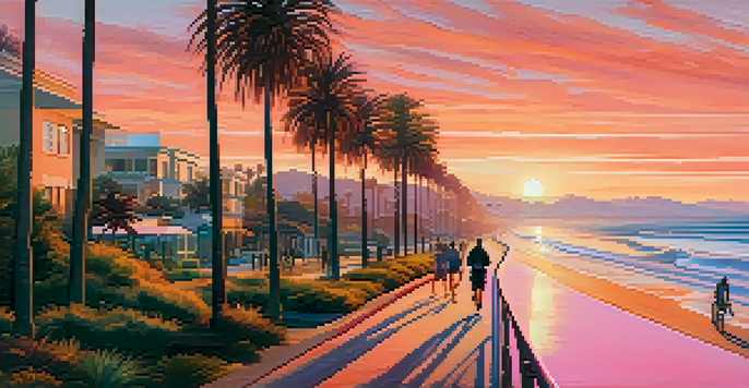 A beautiful sunset over Santa Monica's Coastal Walk with palm trees and people enjoying the path.