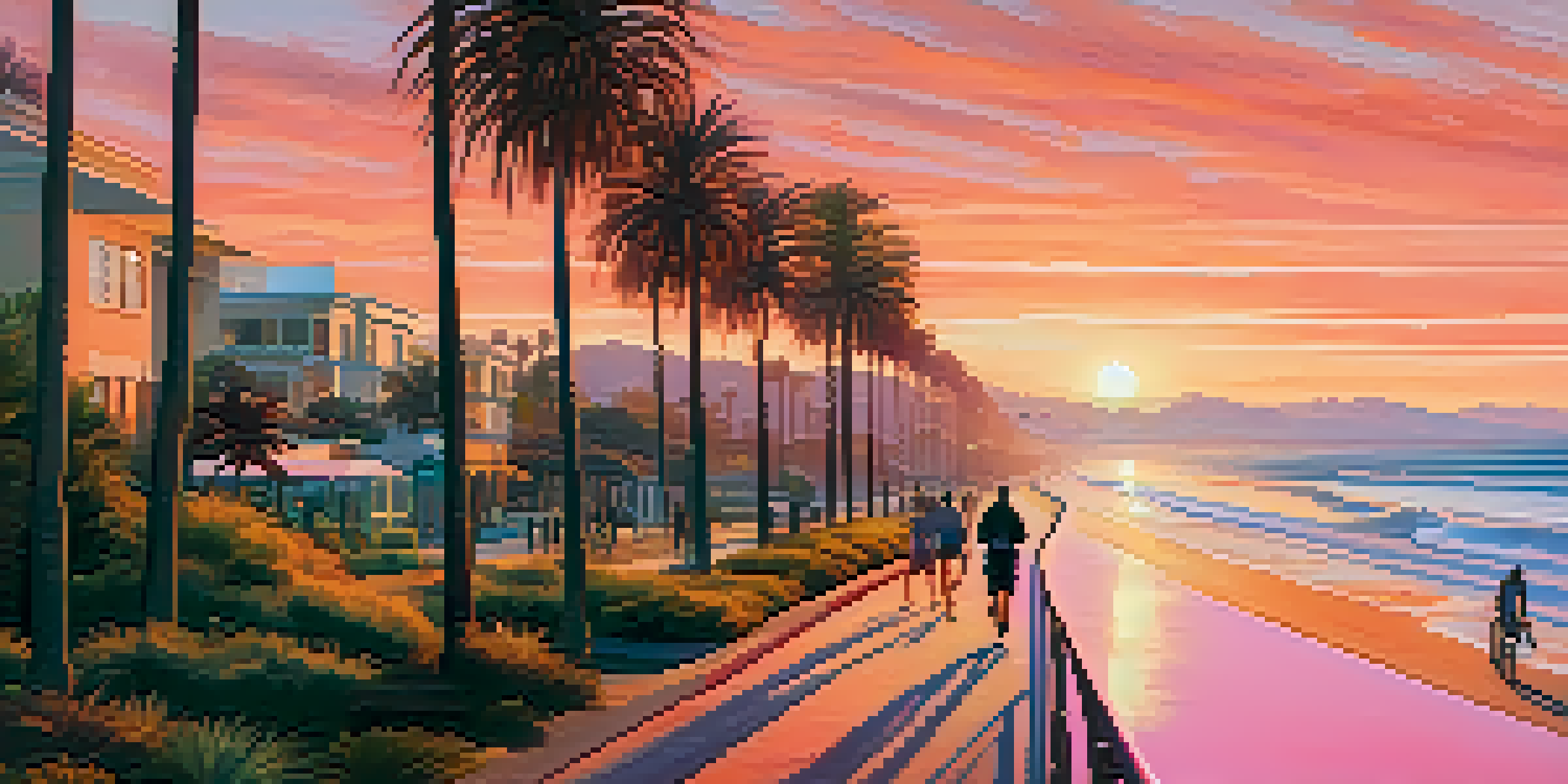 A beautiful sunset over Santa Monica's Coastal Walk with palm trees and people enjoying the path.