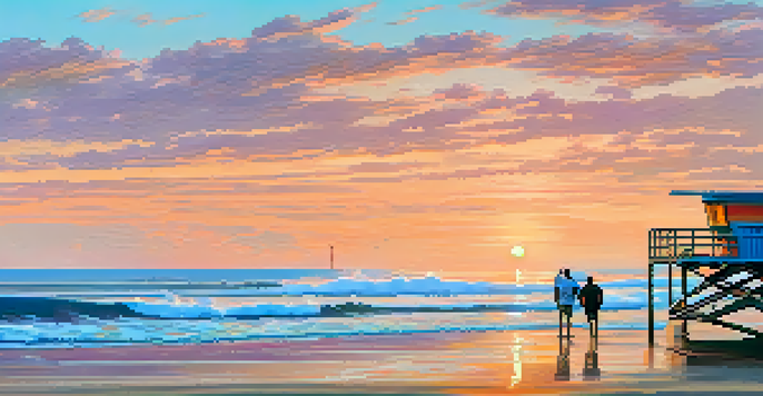 A beautiful sunrise scene at Santa Monica beach, with gentle waves and a couple of beachgoers observing the ocean.