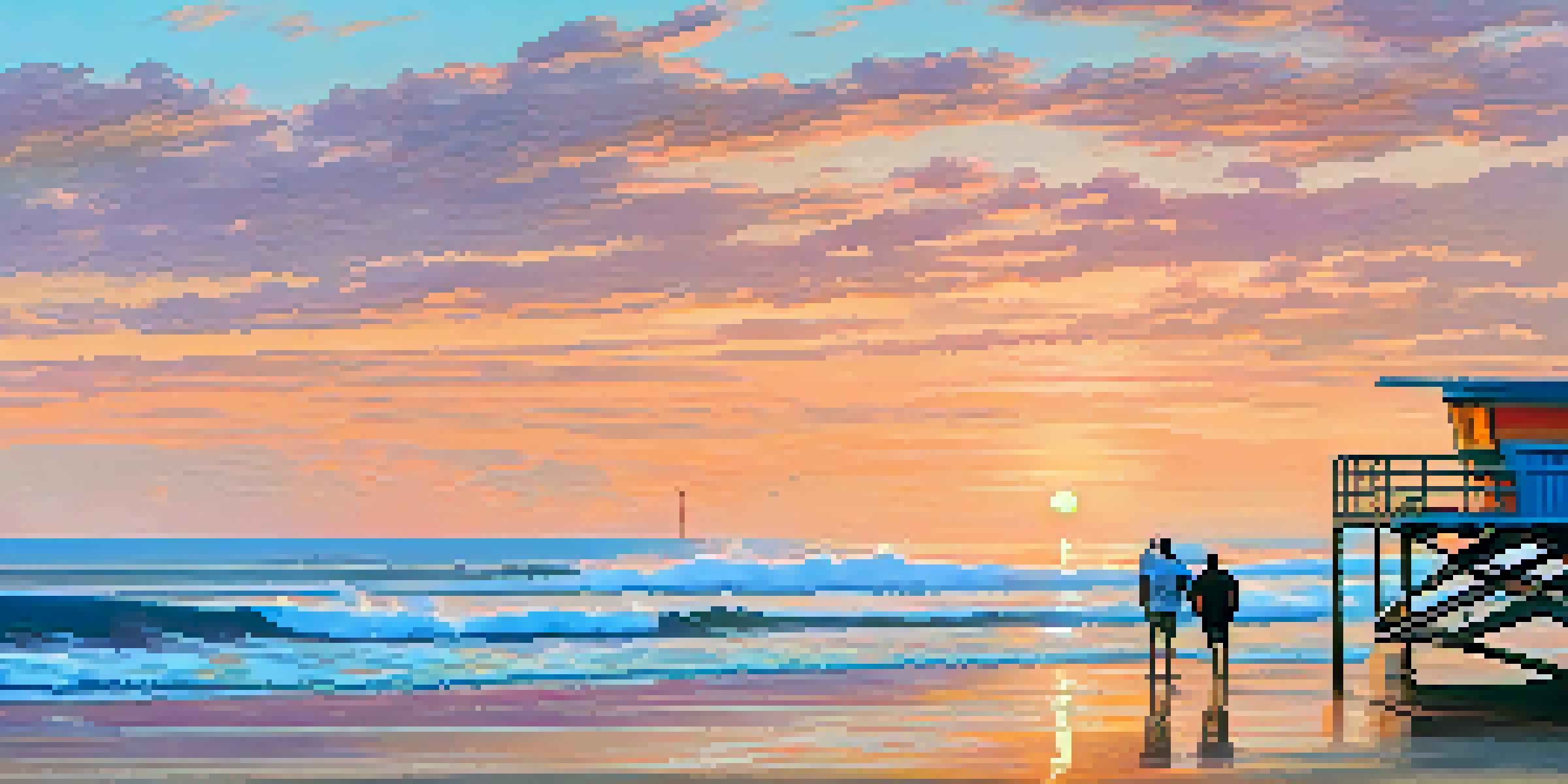 A beautiful sunrise scene at Santa Monica beach, with gentle waves and a couple of beachgoers observing the ocean.