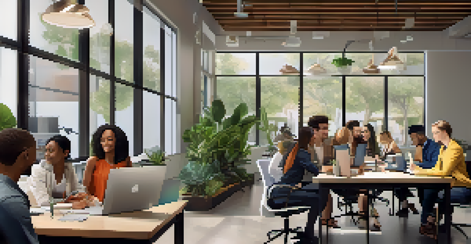 A group of young professionals working together in a bright coworking space in Santa Monica, focusing on their laptops.