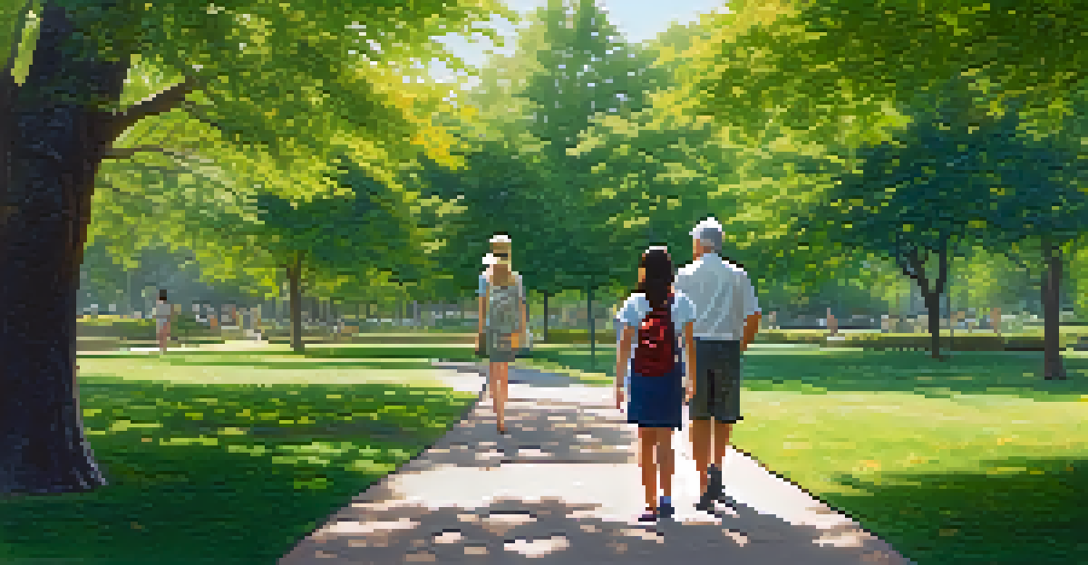 A mentor and a young woman walking in a park, engaged in a discussion about goals under the shade of trees.